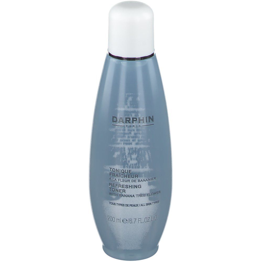 Flacon bleu transparent avec bouchon blanc. Inscription: DARPHIN, Tonique Fraîcheur, Refreshing Toner, 200 ml.