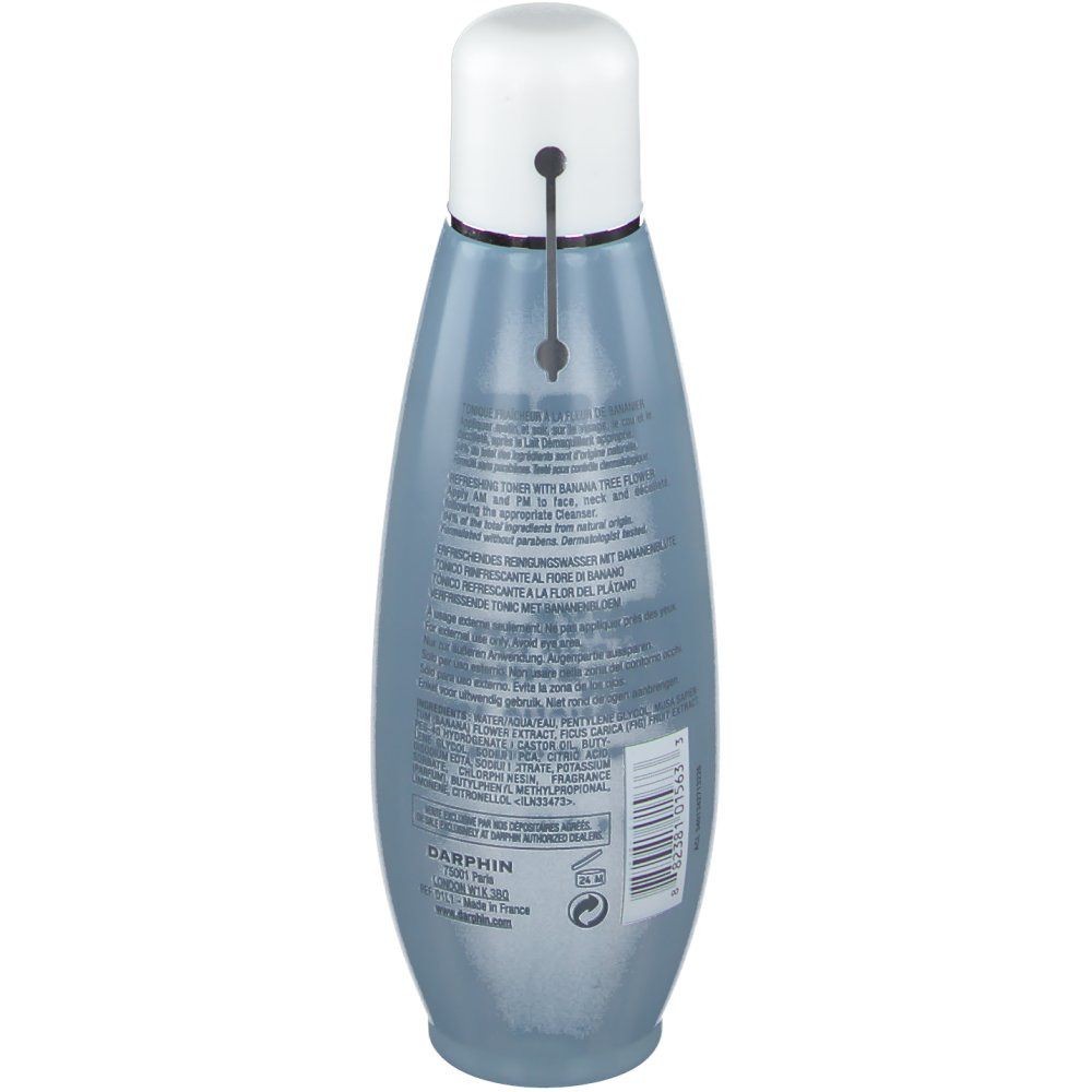 Vue arrière d'un flacon bleu transparent avec bouchon blanc. Texte et code-barres sur le flacon.