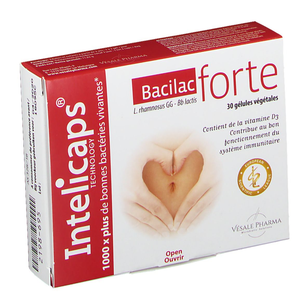 Verpackung von Intelicaps Bacilac forte. Rote und weiße Schachtel mit Produktnamen und Logo. Enthält 30 pflanzliche Kapseln.