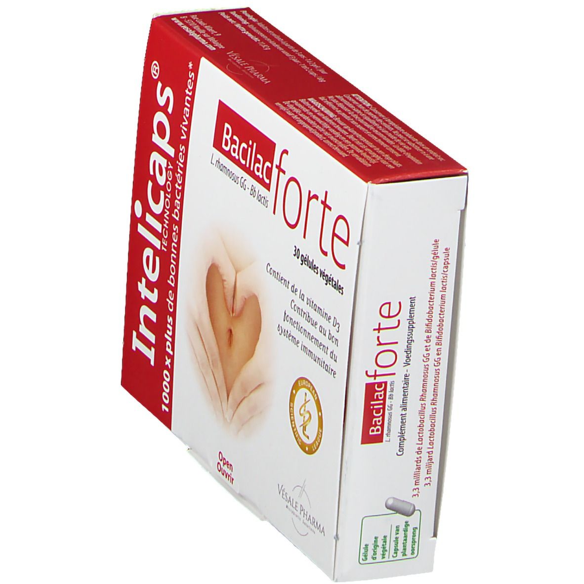 Schräg gestellte Verpackung von Intelicaps Bacilac forte. Rote und weiße Schachtel mit Produktnamen und Logo. 30 Kapseln.