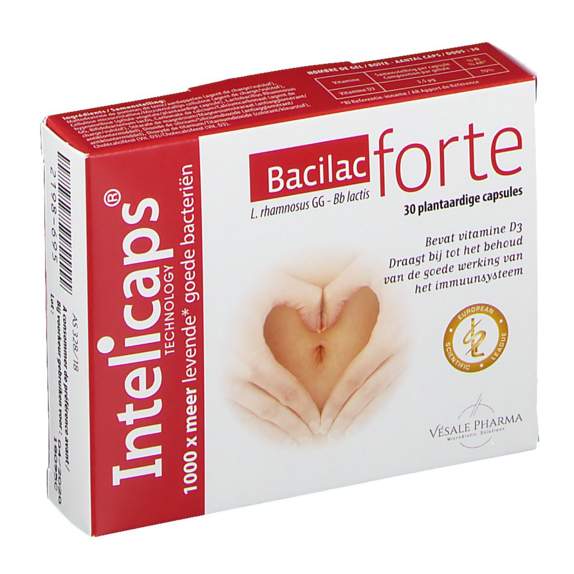Verpackung von Intelicaps Bacilac forte. Rote und weiße Schachtel mit Produktnamen und Logo. Enthält 30 pflanzliche Kapseln.