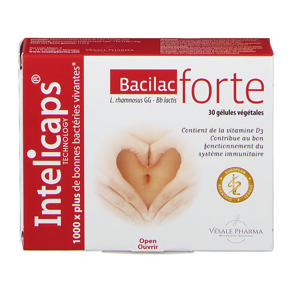 Verpackung von Intelicaps Bacilac forte. Rote und weiße Schachtel mit Produktnamen und Logo. Enthält 30 pflanzliche Kapseln.