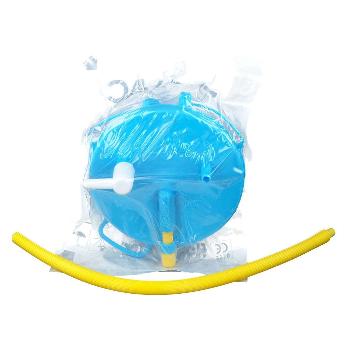 Récipient bleu dans un emballage plastique, avec un tube jaune. Comprend une poignée blanche et des accents jaunes.