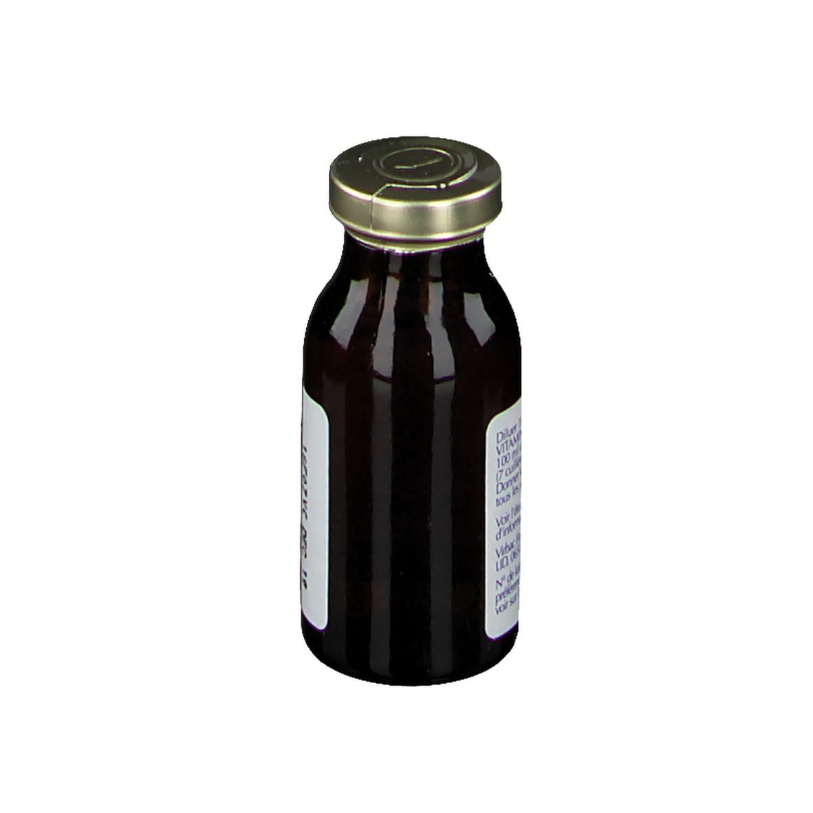 Braune Glasflasche mit goldfarbenem Deckel. Etikett mit Produktinformationen.