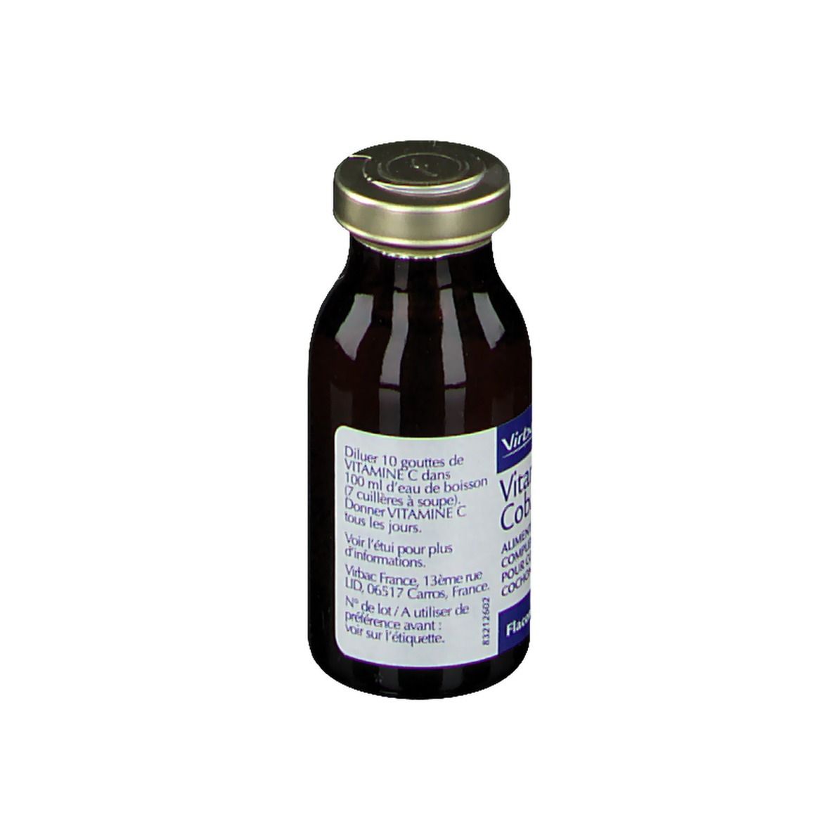 Flacon en verre brun avec bouchon doré. Étiquette avec instructions de dosage.