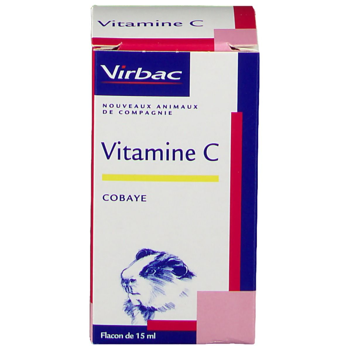 Verpackung mit Produktnamen, Logo und Bild eines Meerschweinchens. Flaschenabbildung.