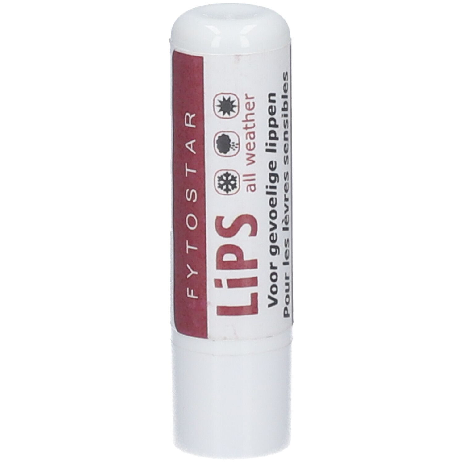 Weißer Lippenpflegestift mit roter Banderole. Aufdruck: FYTOSTAR LIPS, Symbole für Wetterfestigkeit.