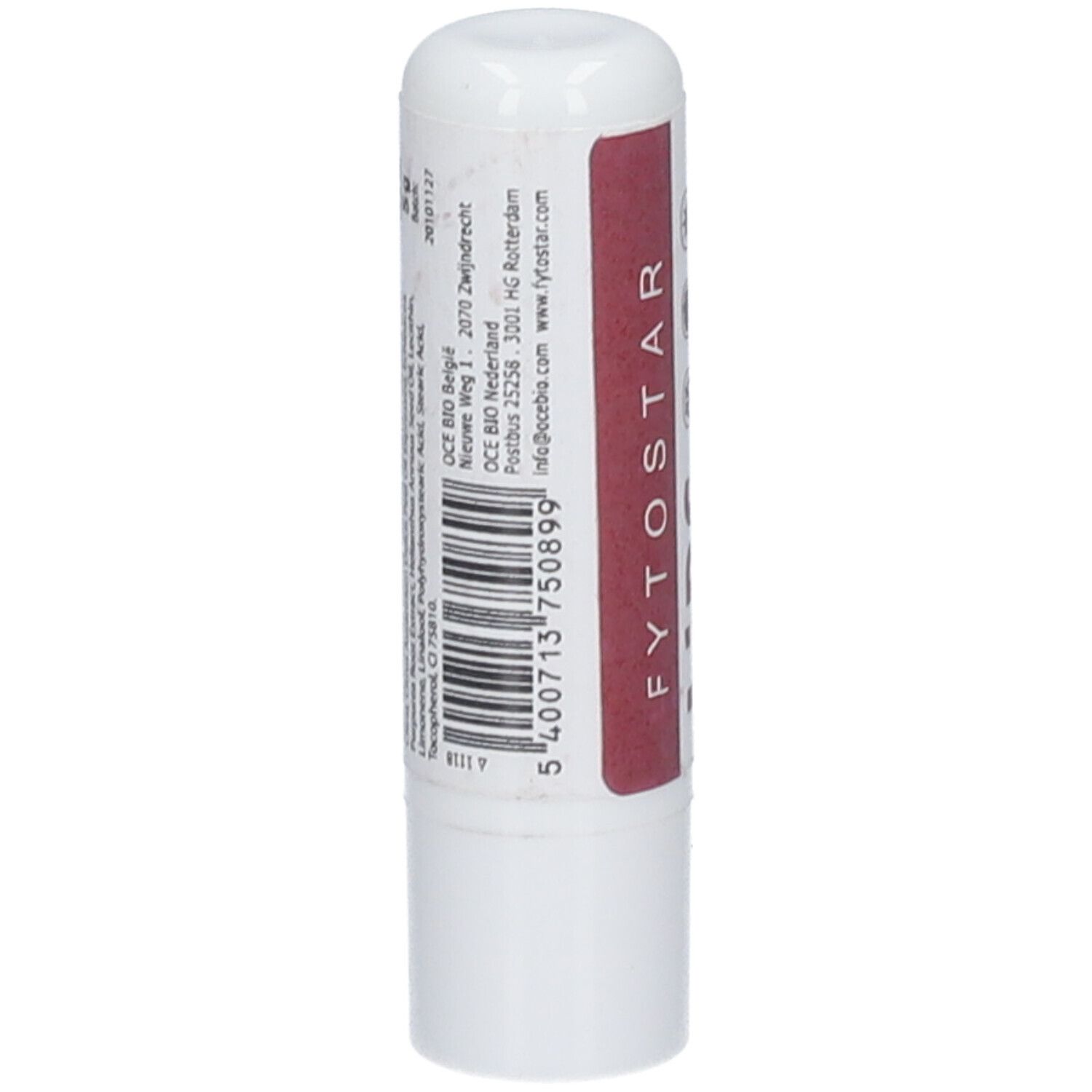 Weißer Lippenpflegestift mit roter Banderole. Aufdruck: Barcode, Kontaktinformationen, FYTOSTAR.