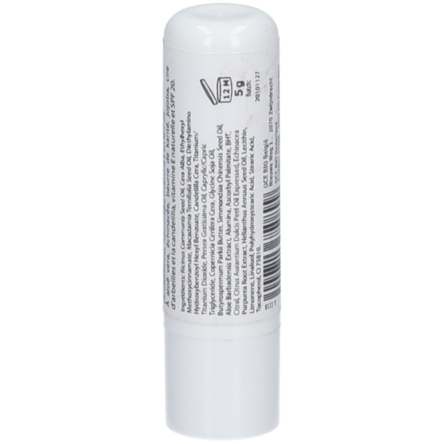 Weißer Lippenpflegestift. Aufdruck: Inhaltsstoffe, Haltbarkeit, 5g, SPF 20.