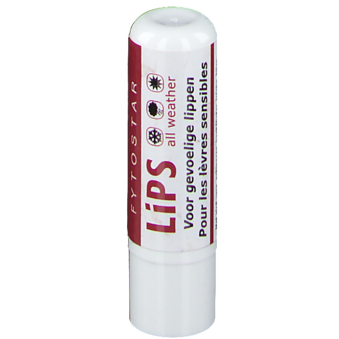 Weißer Lippenpflegestift mit roter Banderole. Aufdruck: FYTOSTAR LIPS, Symbole für Wetterfestigkeit.