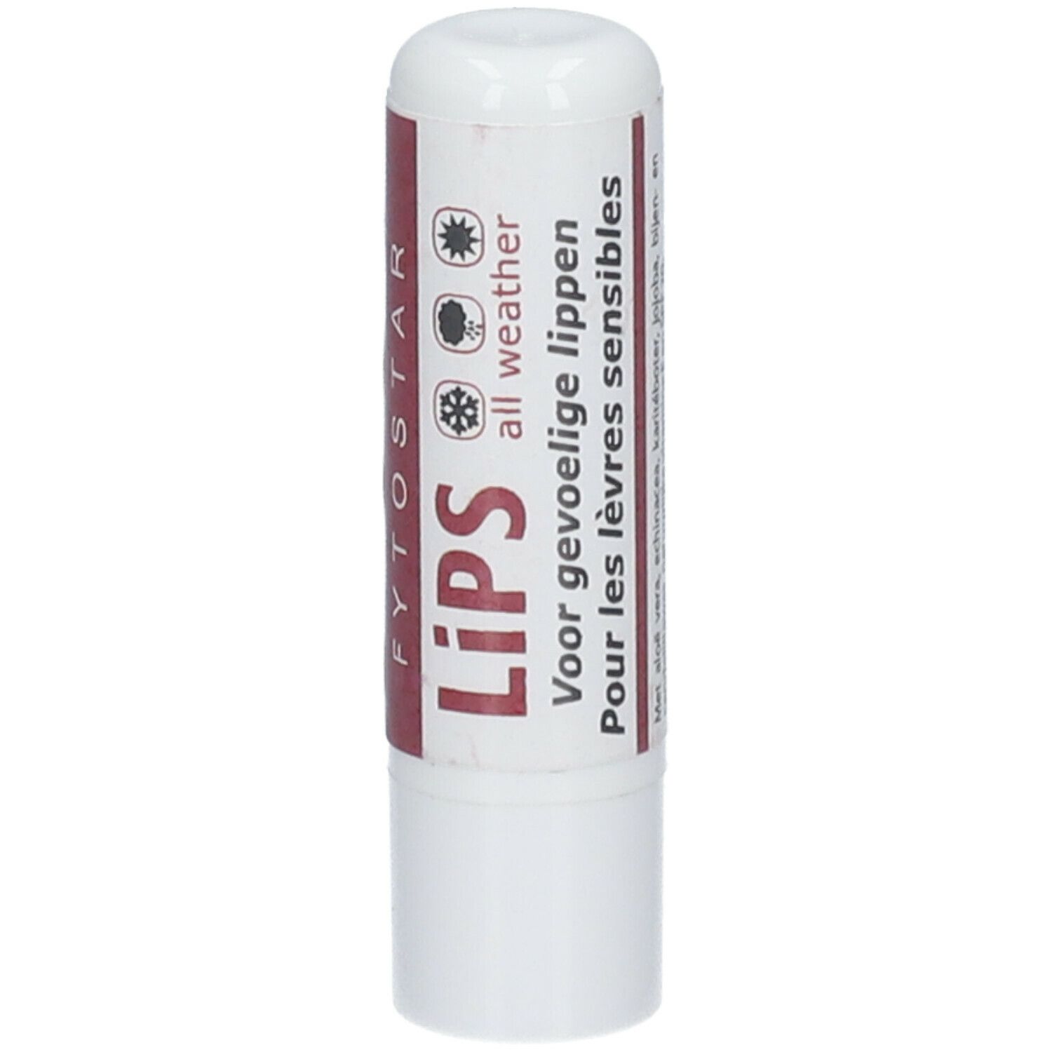 Weißer Lippenpflegestift mit roter Banderole. Aufdruck: FYTOSTAR LIPS, Symbole für Wetterfestigkeit.