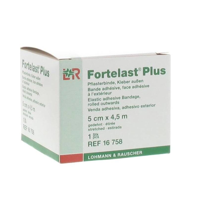 Verpackung von Fortelast® Plus. Pflasterbinde, 5 cm x 4,5 m. Text in Deutsch, Französisch, Italienisch und Spanisch. Marke L&R.