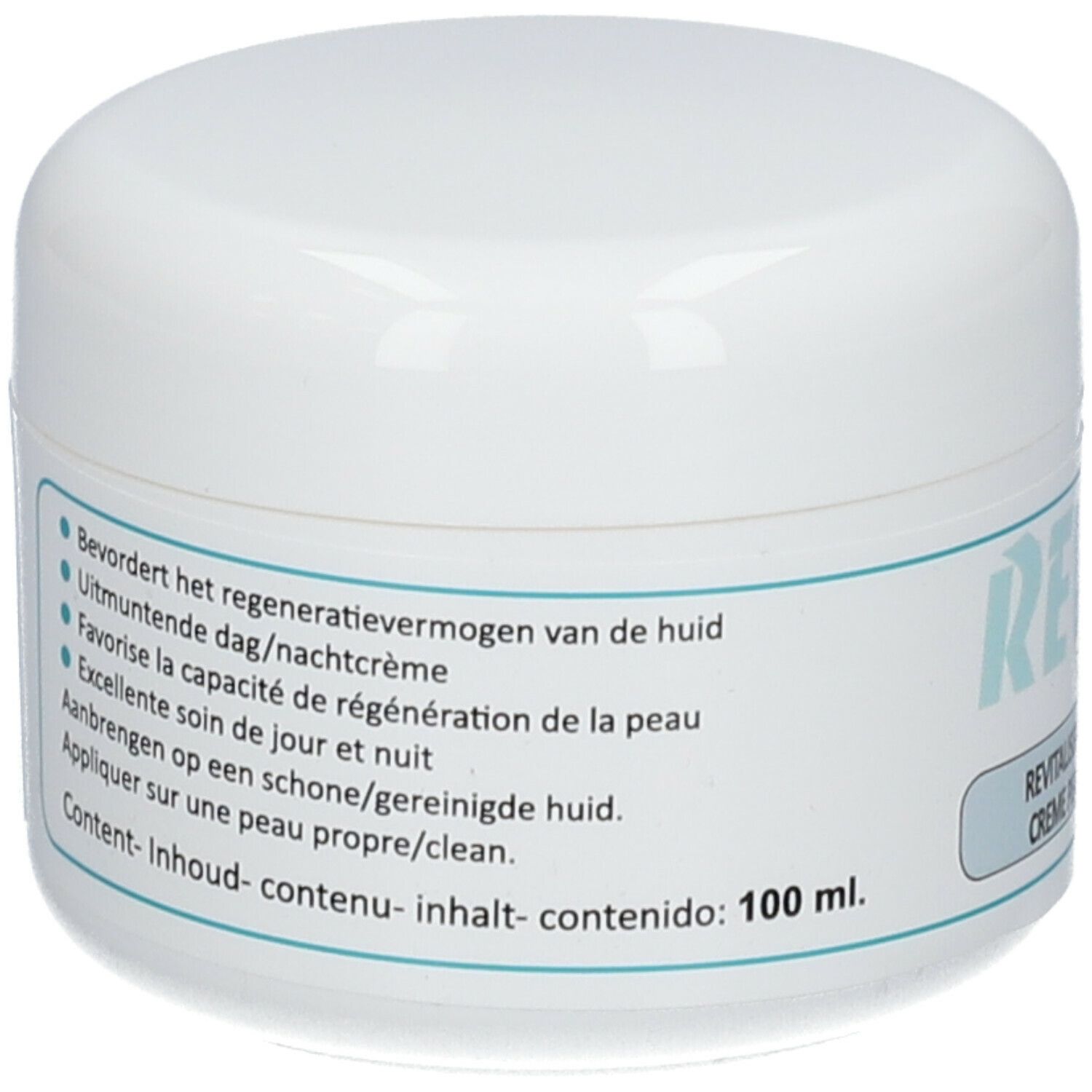 Weiße Creme-Dose mit blauem Etikett. Text: Fördert die Regeneration, ausgezeichnete Pflege. Inhalt: 100 ml.