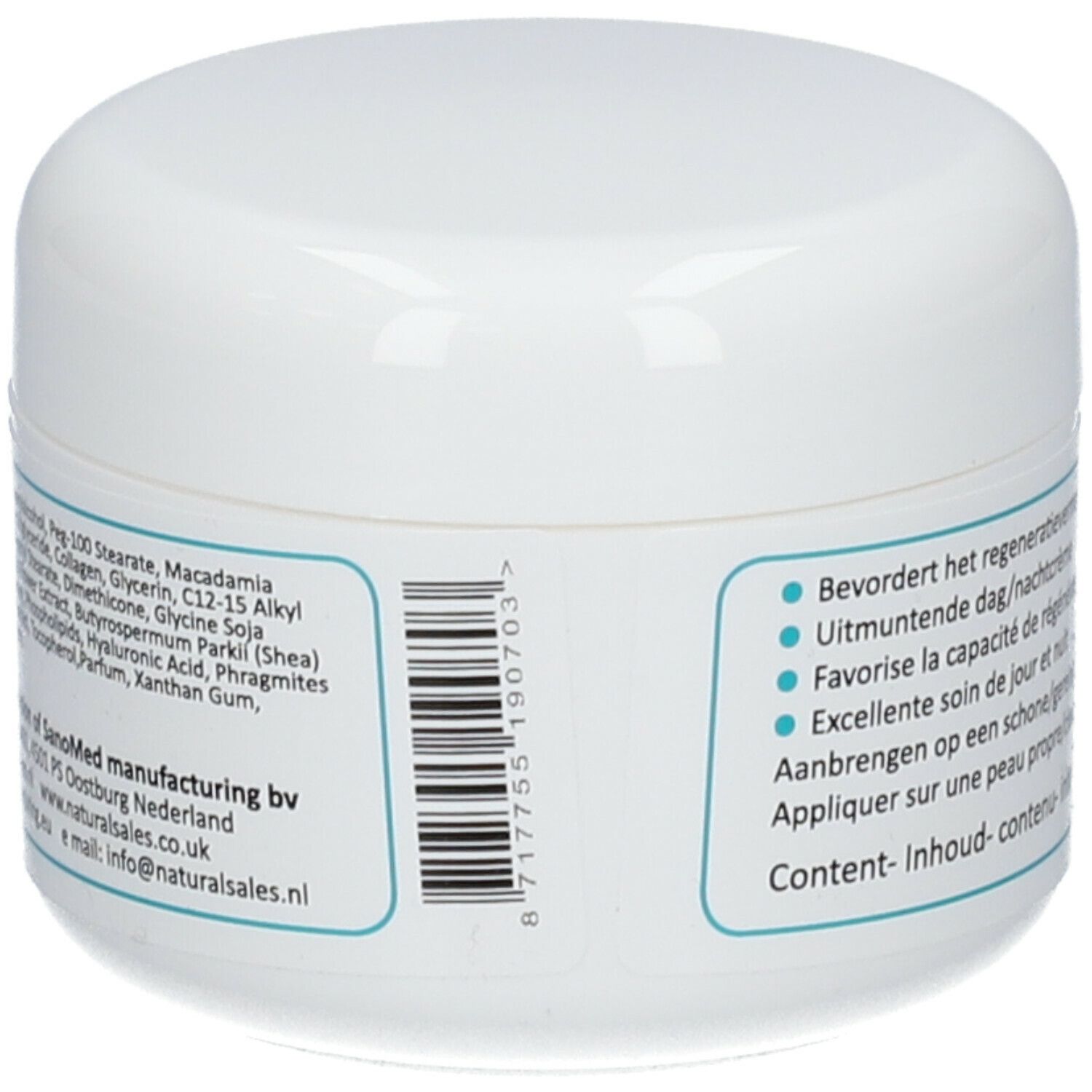 Rückseite einer weißen Creme-Dose. Etikett mit Text und Barcode. Herstellerinformationen und Kontakt.