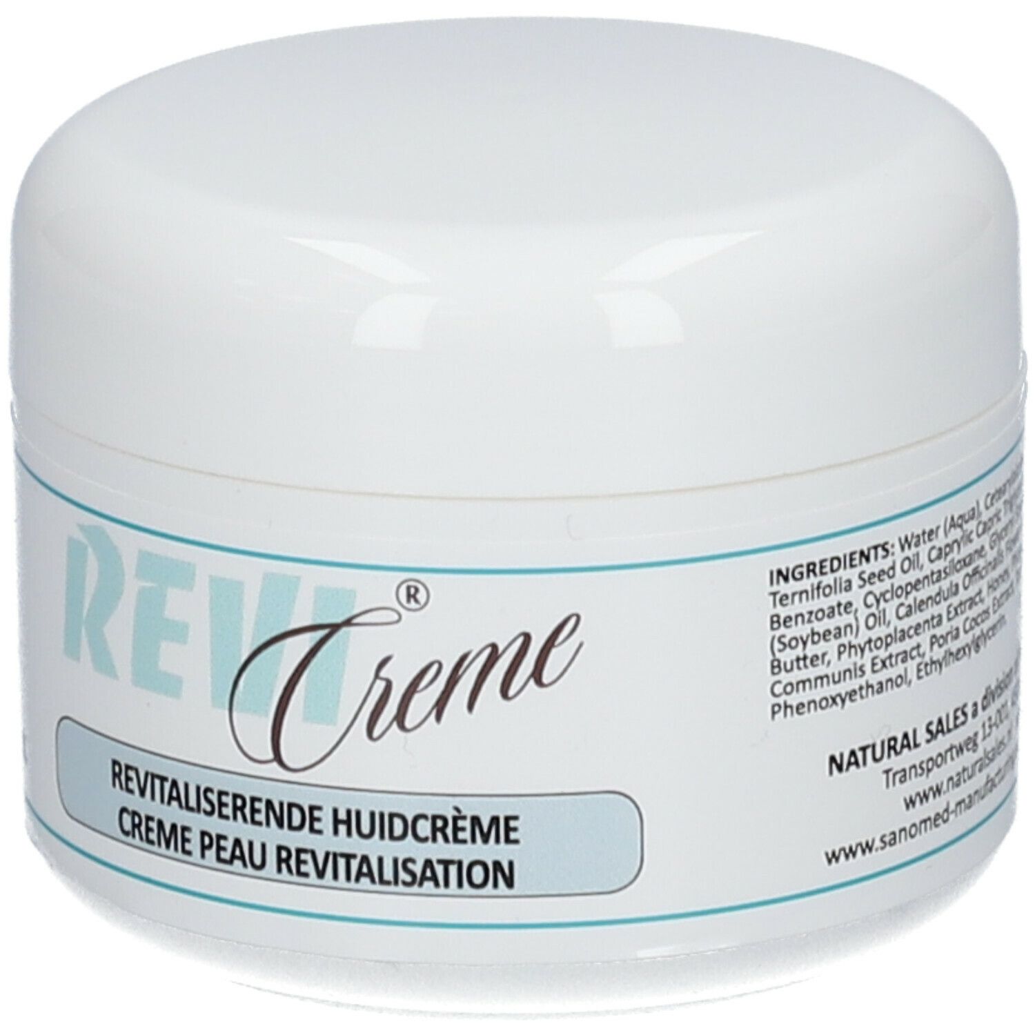 Weiße Creme-Dose mit blauem Etikett. Aufschrift: REVI Creme, revitalisierende Hautcreme. Inhaltsstoffe.