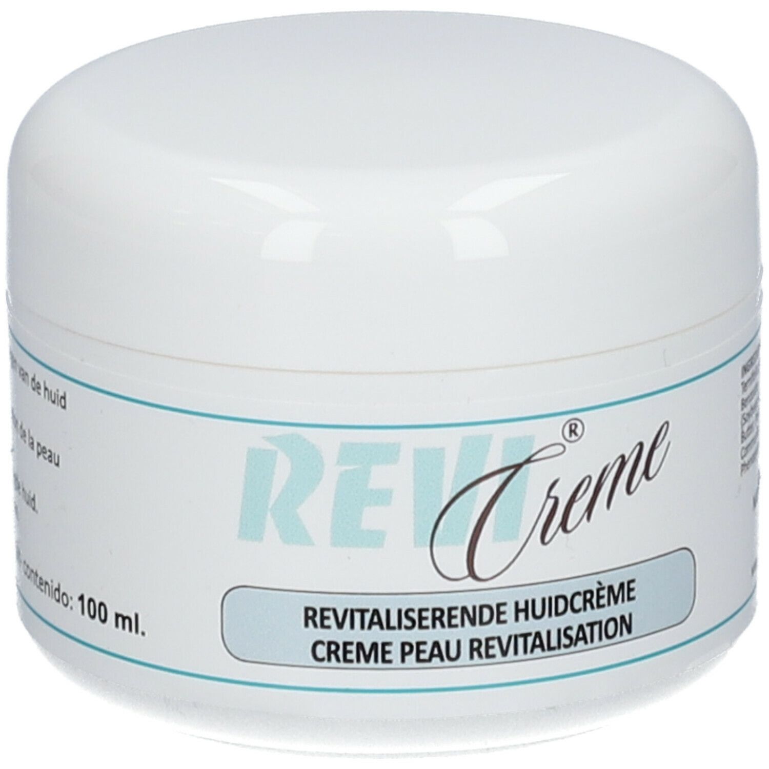 Weiße Creme-Dose mit blauem Etikett. Aufschrift: REVI Creme, revitalisierende Hautcreme. Inhalt: 100 ml.