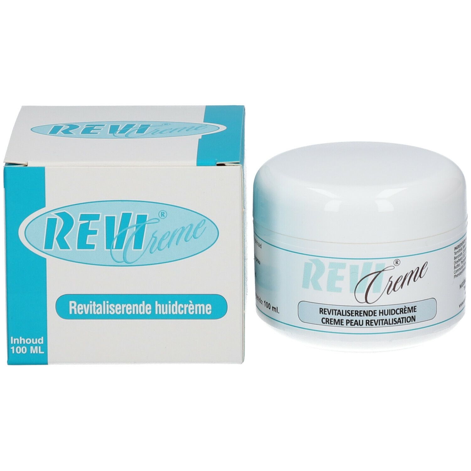 Weiße Creme-Dose und Schachtel. Aufschrift: REVI Creme, revitalisierende Hautcreme. Inhalt: 100 ml.