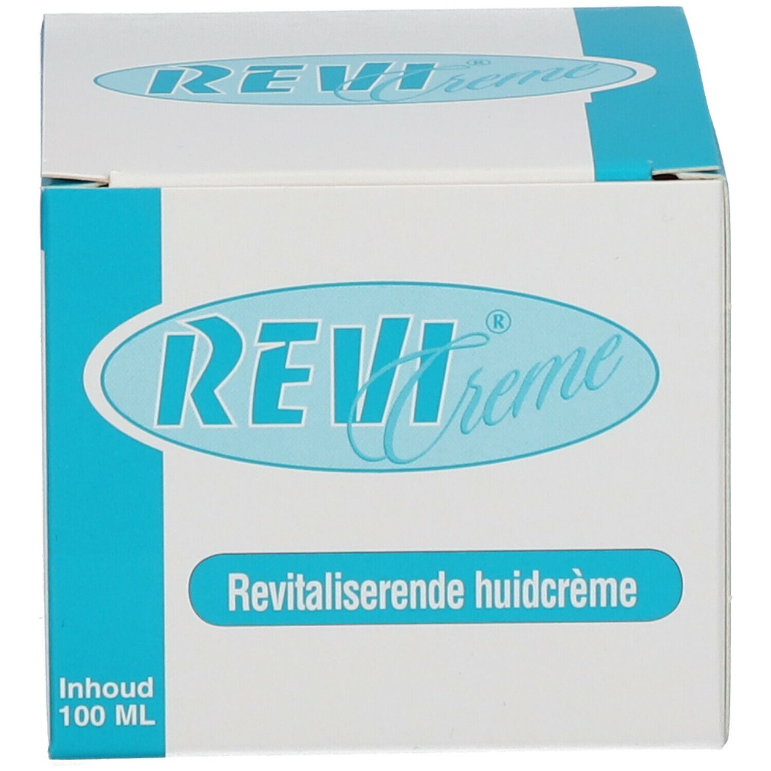Weiße Schachtel mit blauem Design. Aufschrift: REVI Creme, revitalisierende Hautcreme. Inhalt: 100 ml.