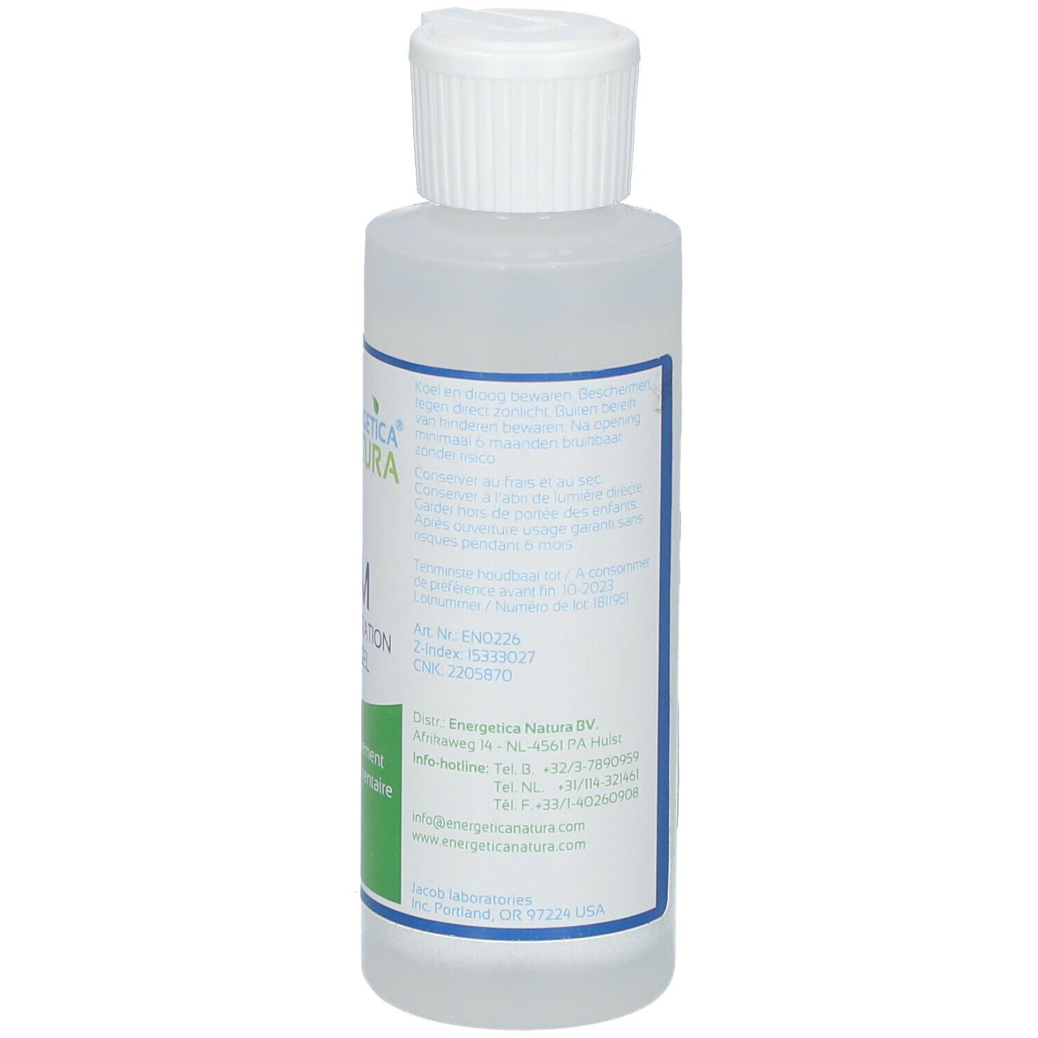 Rückseite der Flasche. Text in mehreren Sprachen. Marke: Energetica Natura. MSM 15% Concentration Topical Gel. Nahrungsergänzungsmittel. 120 ml.