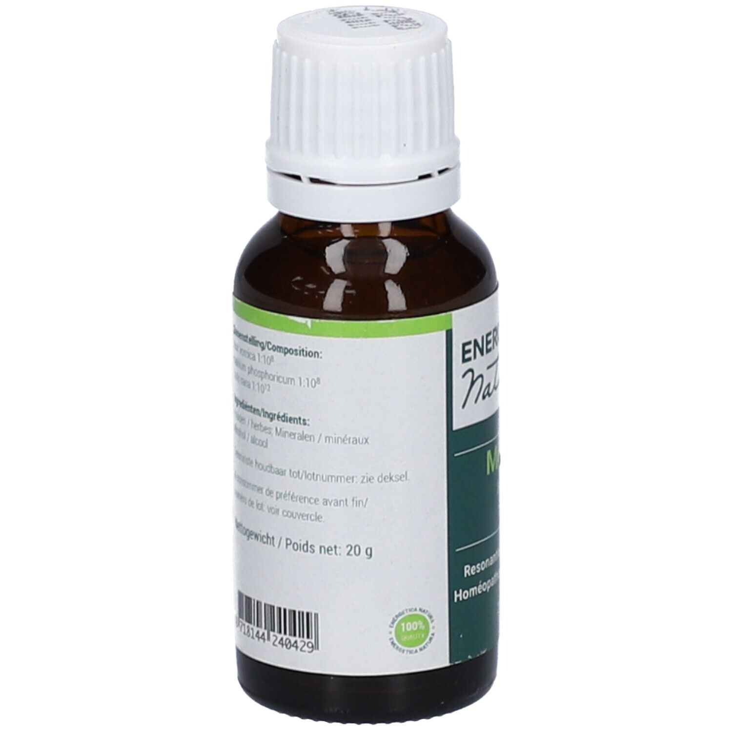 Flacon en verre brun avec bouchon blanc. Étiquette avec ingrédients et poids: 20 g. Inscription: ENERGETICA NATURA.