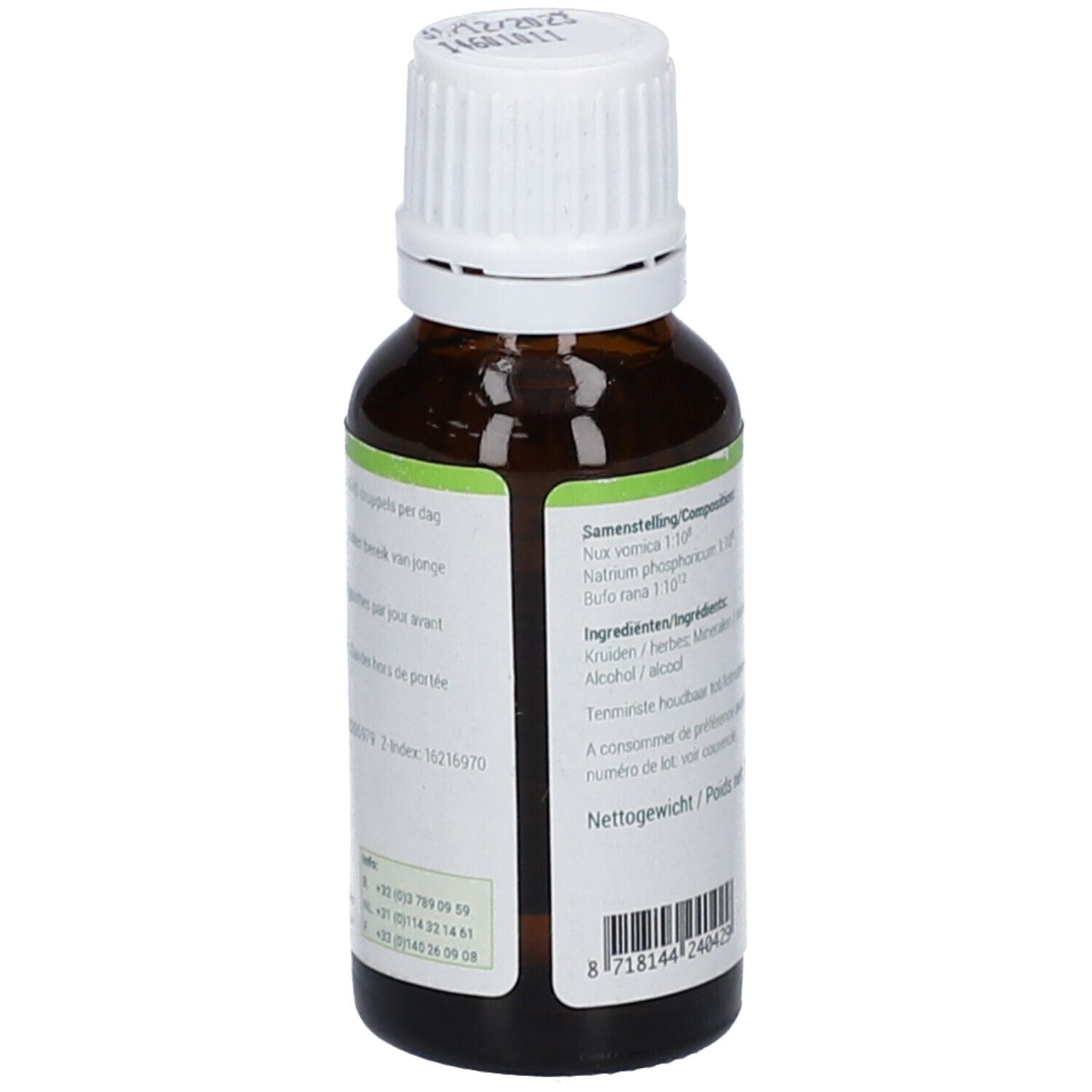 Flacon en verre brun avec bouchon blanc. Étiquette avec ingrédients. Inscription: ENERGETICA NATURA.