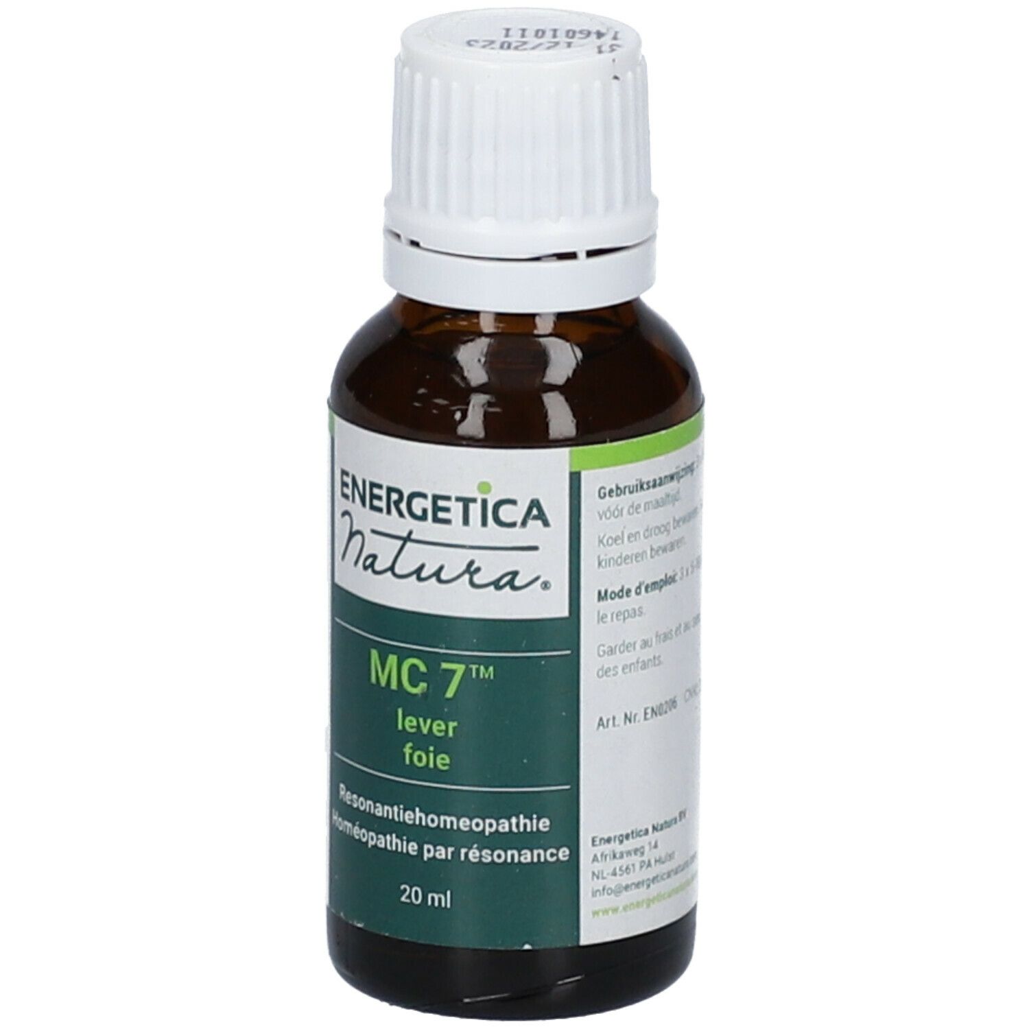 Flacon en verre brun avec bouchon blanc. Inscription: ENERGETICA NATURA, MC 7, lever foie. 20 ml.