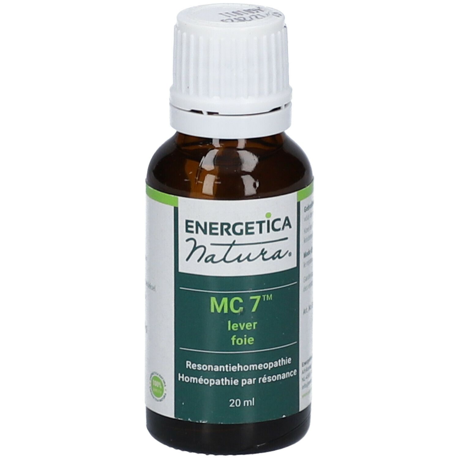 Flacon en verre brun avec bouchon blanc. Étiquette avec mode d'emploi. Inscription: ENERGETICA NATURA.