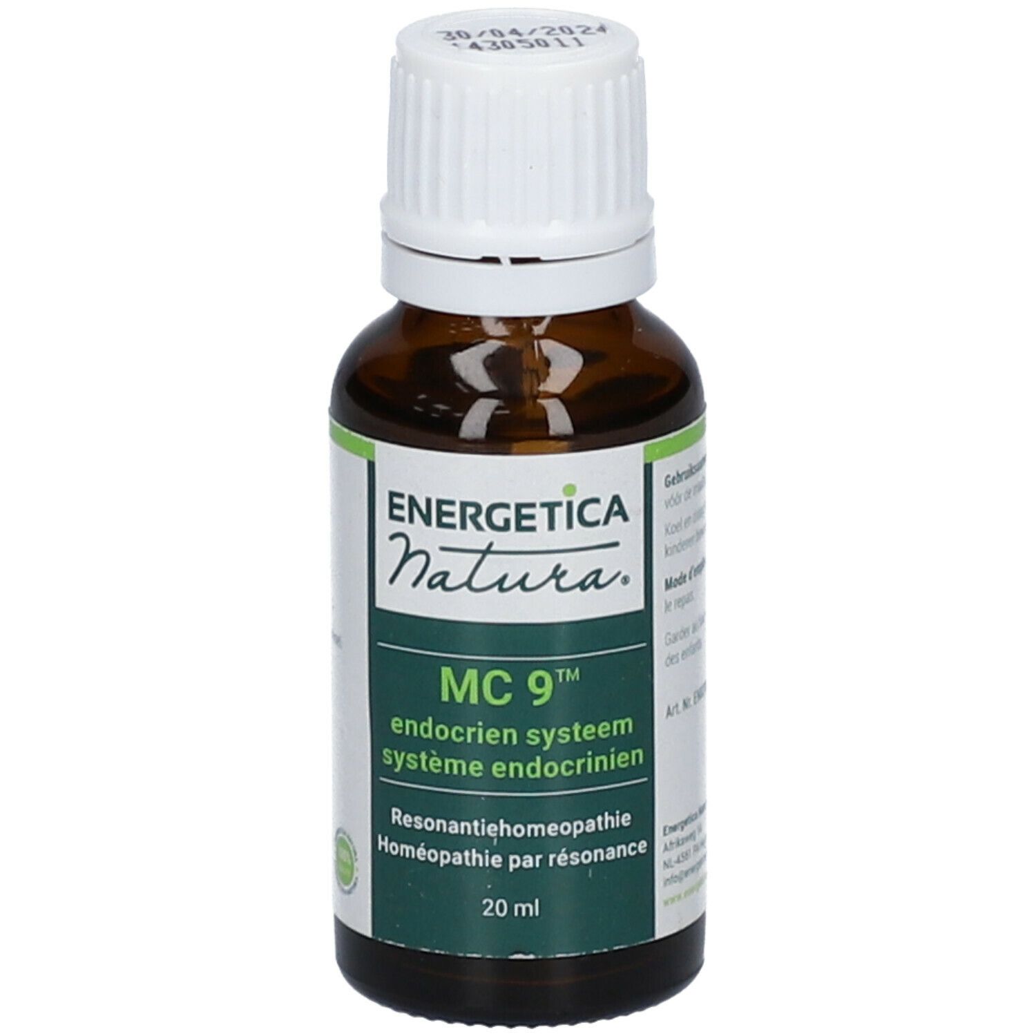 Flacon en verre brun avec bouchon blanc. Étiquette avec informations produit et marque Energetica Natura. MC 9.