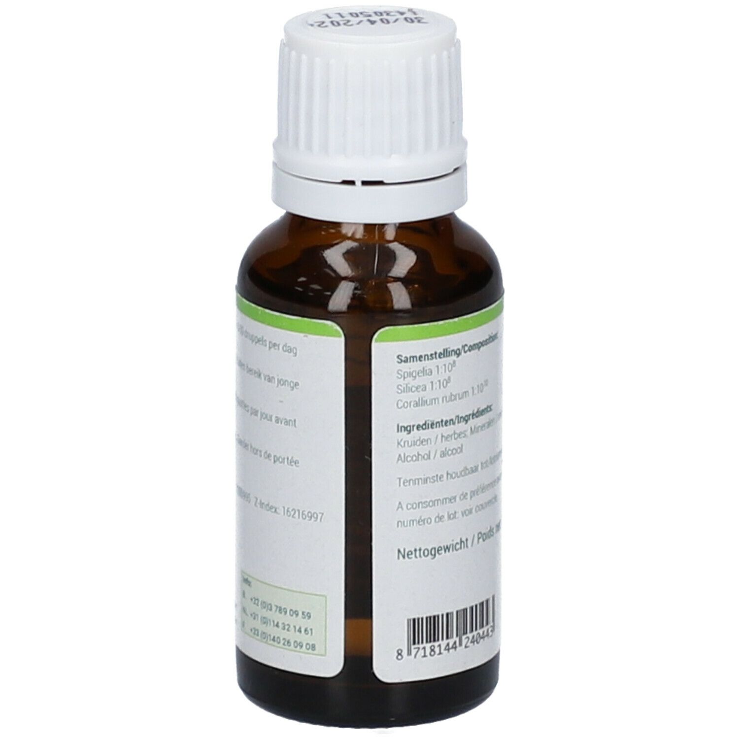 Flacon en verre brun avec bouchon blanc. Étiquette avec ingrédients et informations produit. 20 ml.