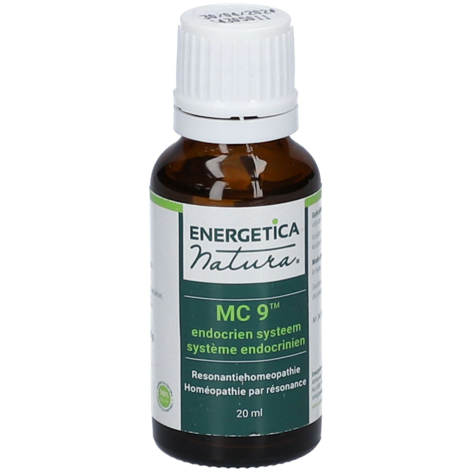 Flacon en verre brun avec bouchon blanc. Étiquette avec informations produit et marque Energetica Natura. MC 9.