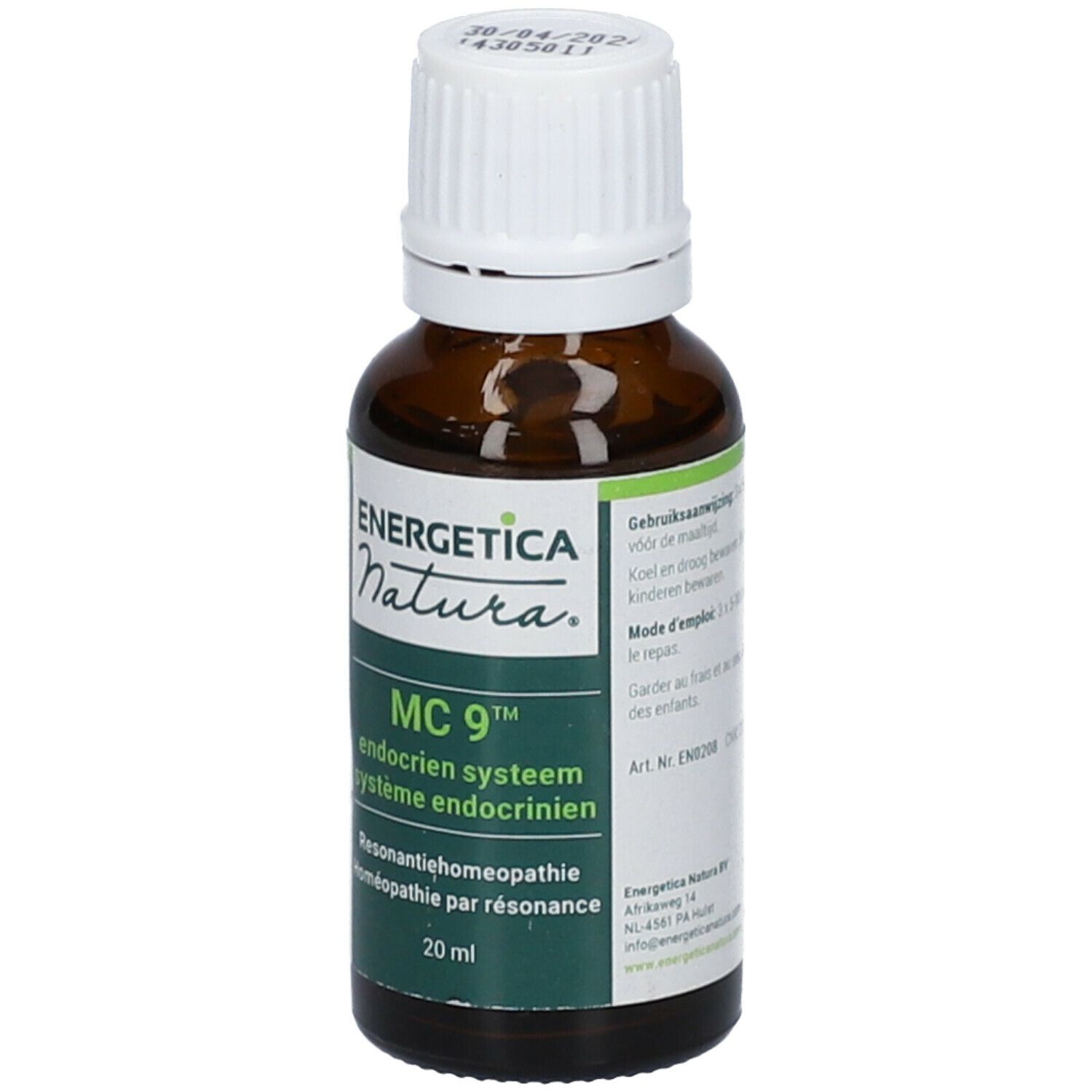 Flacon en verre brun avec bouchon blanc. Étiquette avec informations produit et marque Energetica Natura. MC 9.