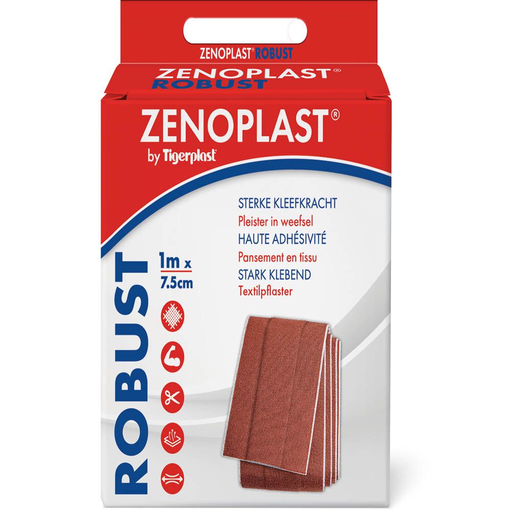 Emballage Zenoplast Robust, 7,5cm x 1m. Boîte rouge et blanche avec pansements. Texte: Forte adhérence, pansement textile.