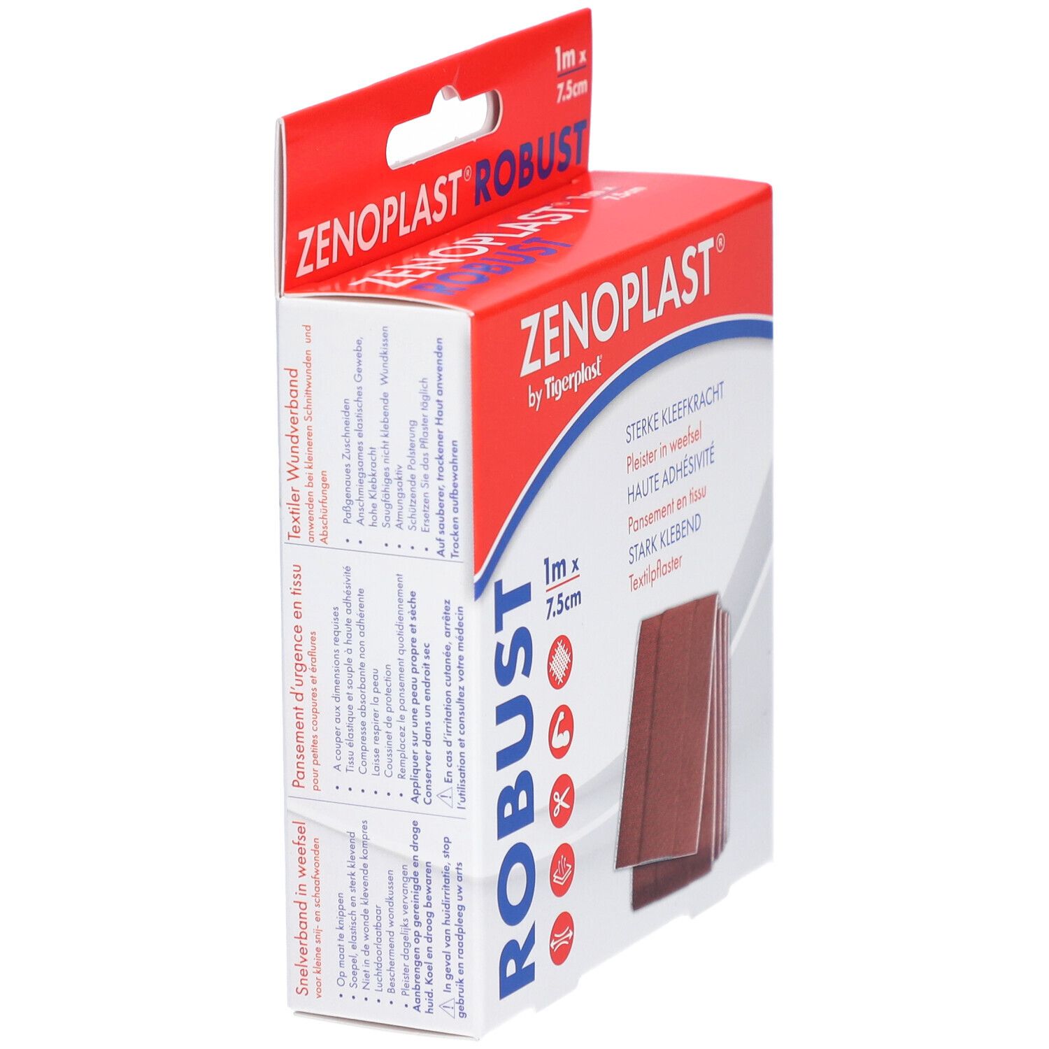 Zenoplast Robust Verpackung, 7,5cm x 1m. Rote und weiße Verpackung mit Pflastern. Text: Stark klebend, Textilpflaster.