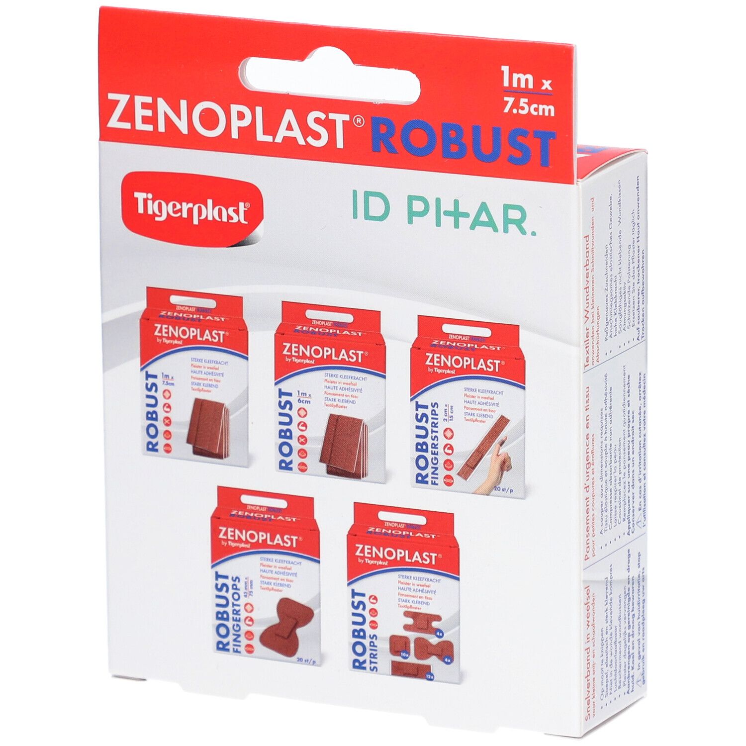 Verpackung von Zenoplast Robust, 7,5cm x 1m. Mehrere kleine Packungen mit Pflastern. Text: Stark klebend, Textilpflaster.