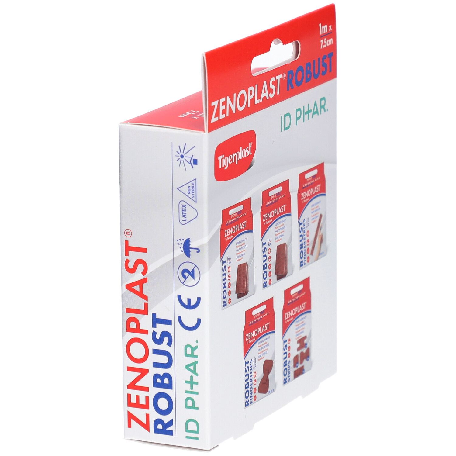 Zenoplast Robust Verpackung, 7,5cm x 1m. Mehrere kleine Packungen mit Pflastern. Text: Stark klebend, Textilpflaster.