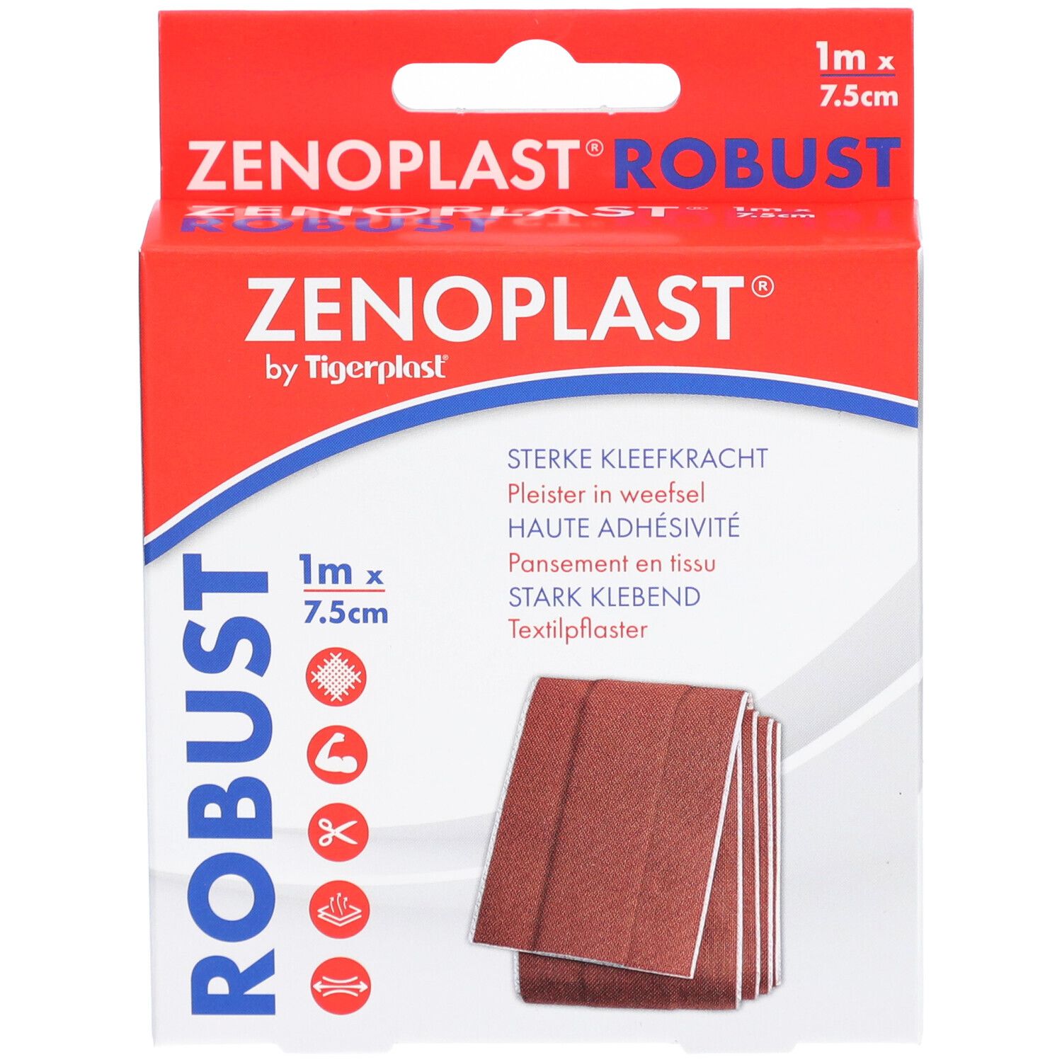 Verpackung von Zenoplast Robust, 7,5cm x 1m. Rote und weiße Verpackung mit Pflastern. Text: Stark klebend, Textilpflaster.