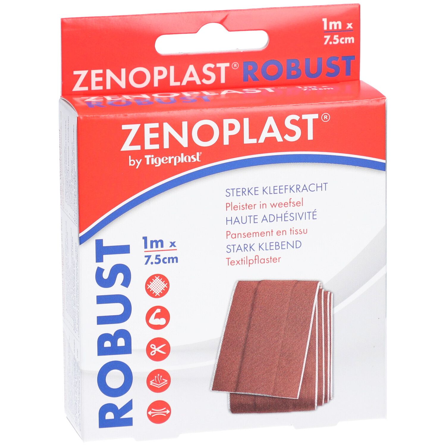 Zenoplast Robust Verpackung, 7,5cm x 1m. Rote und weiße Verpackung mit Pflastern. Text: Stark klebend, Textilpflaster.
