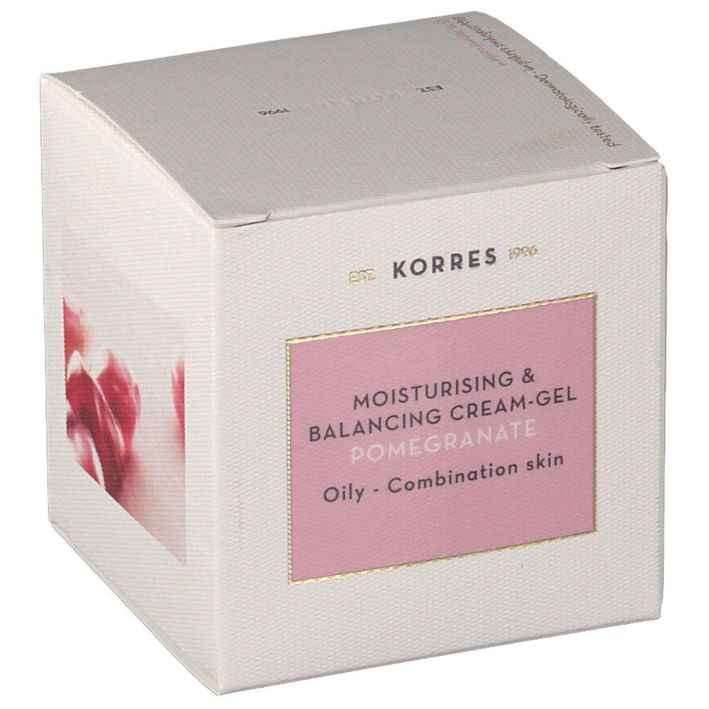 KORRES®-Produktverpackung. Weißer Karton mit rosa Etikett. Text: "MOISTURISING & BALANCING CREAM-GEL POMEGRANATE". Für ölige/Mischhaut.
