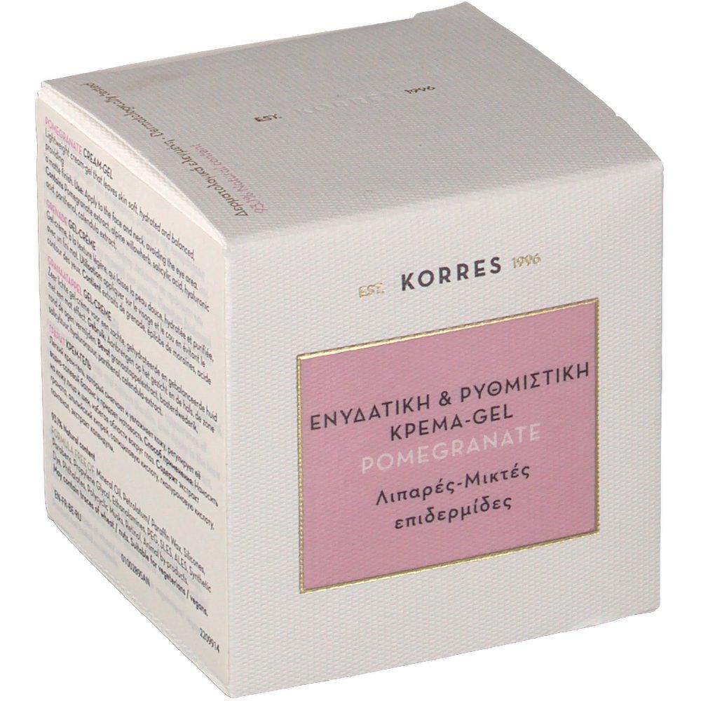 KORRES®-Produktverpackung. Weißer Karton mit rosa Etikett. Text: "ENYΔATIKH & PYΘMIΣTIKH KPEMA-GEL POMEGRANATE". Für fettige/Mischhaut.