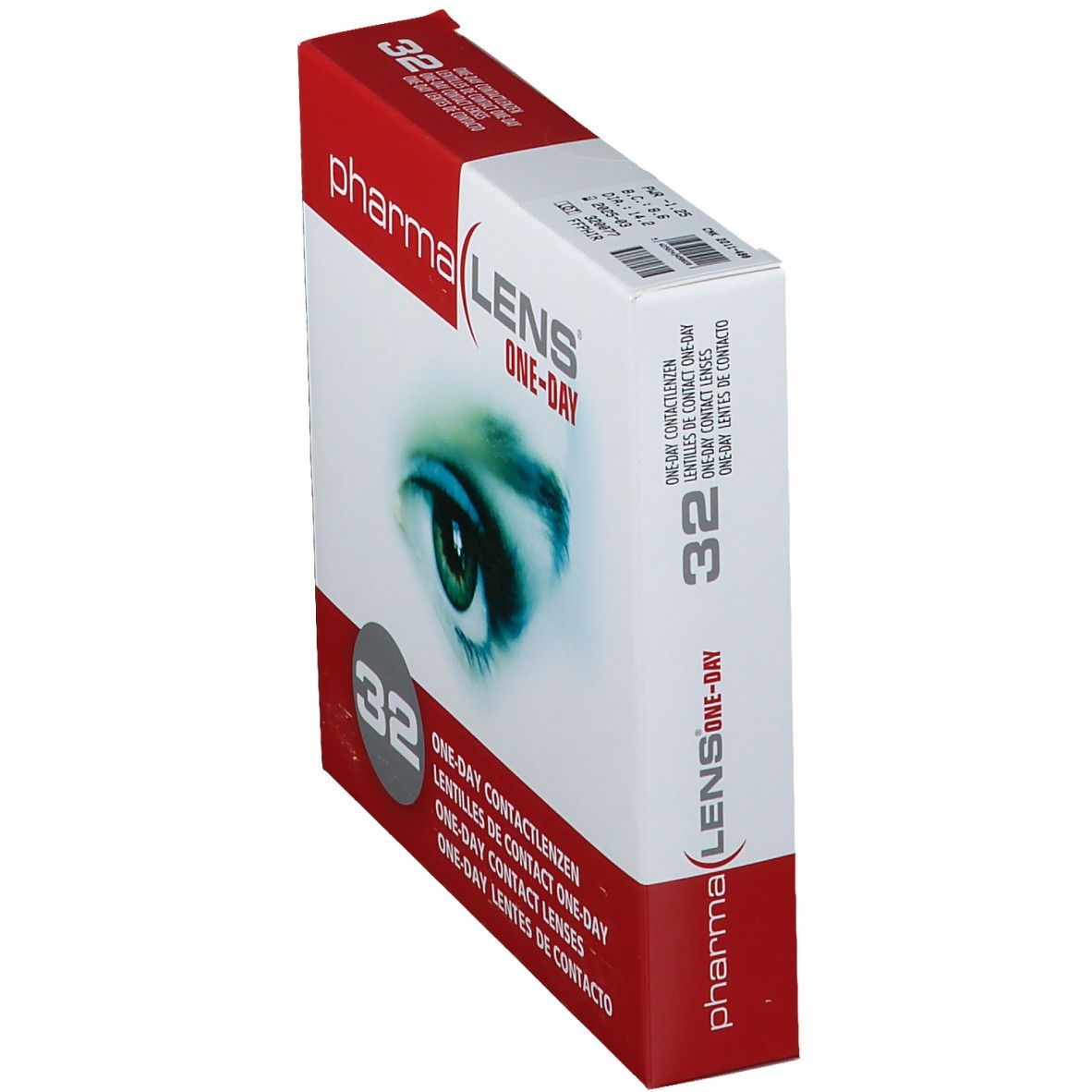 Boîte de lentilles PharmaLens One-Day en perspective. Emballage rouge et blanc avec image d'œil et texte. Contient 32 lentilles.