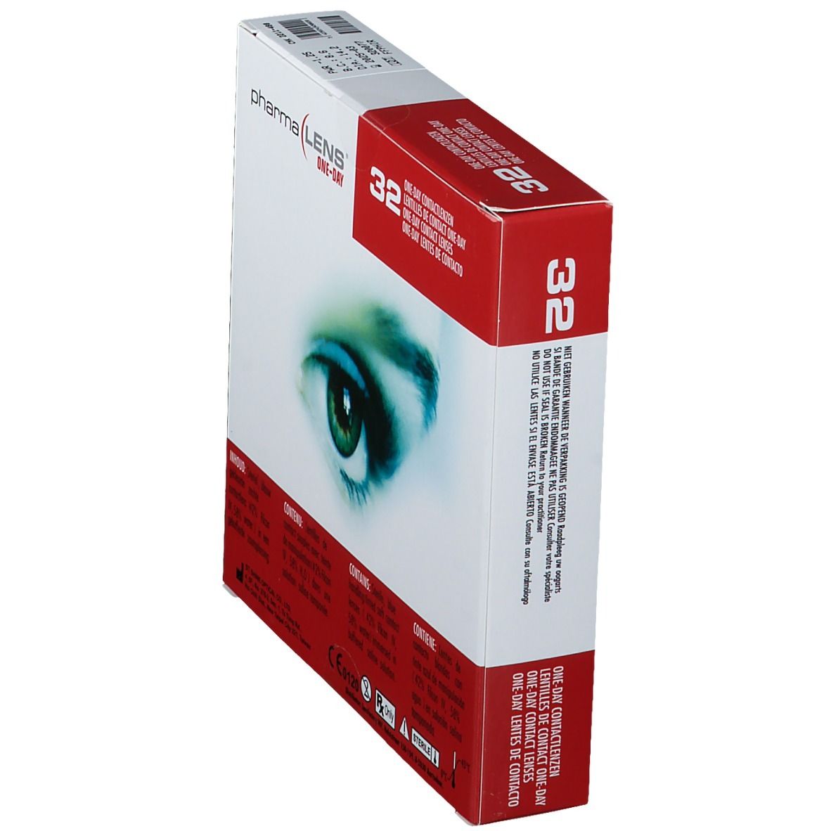 Vue en perspective de l'emballage des lentilles PharmaLens One-Day. Boîte rouge et blanche avec texte et 32 lentilles.