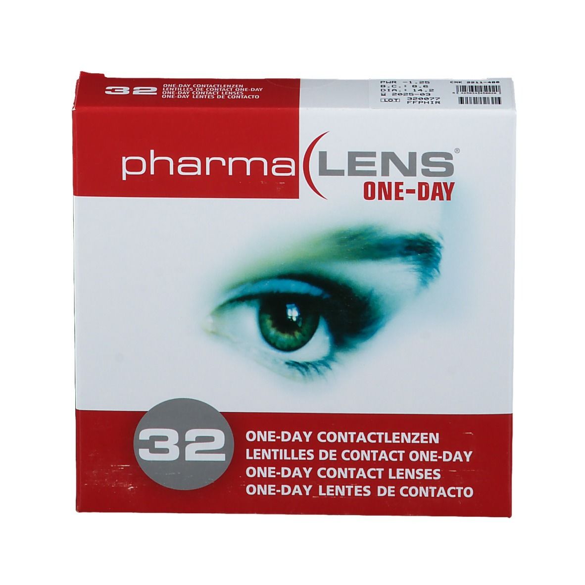 Boîte de lentilles de contact PharmaLens One-Day. Emballage rouge et blanc avec image d'œil et texte. Contient 32 lentilles.