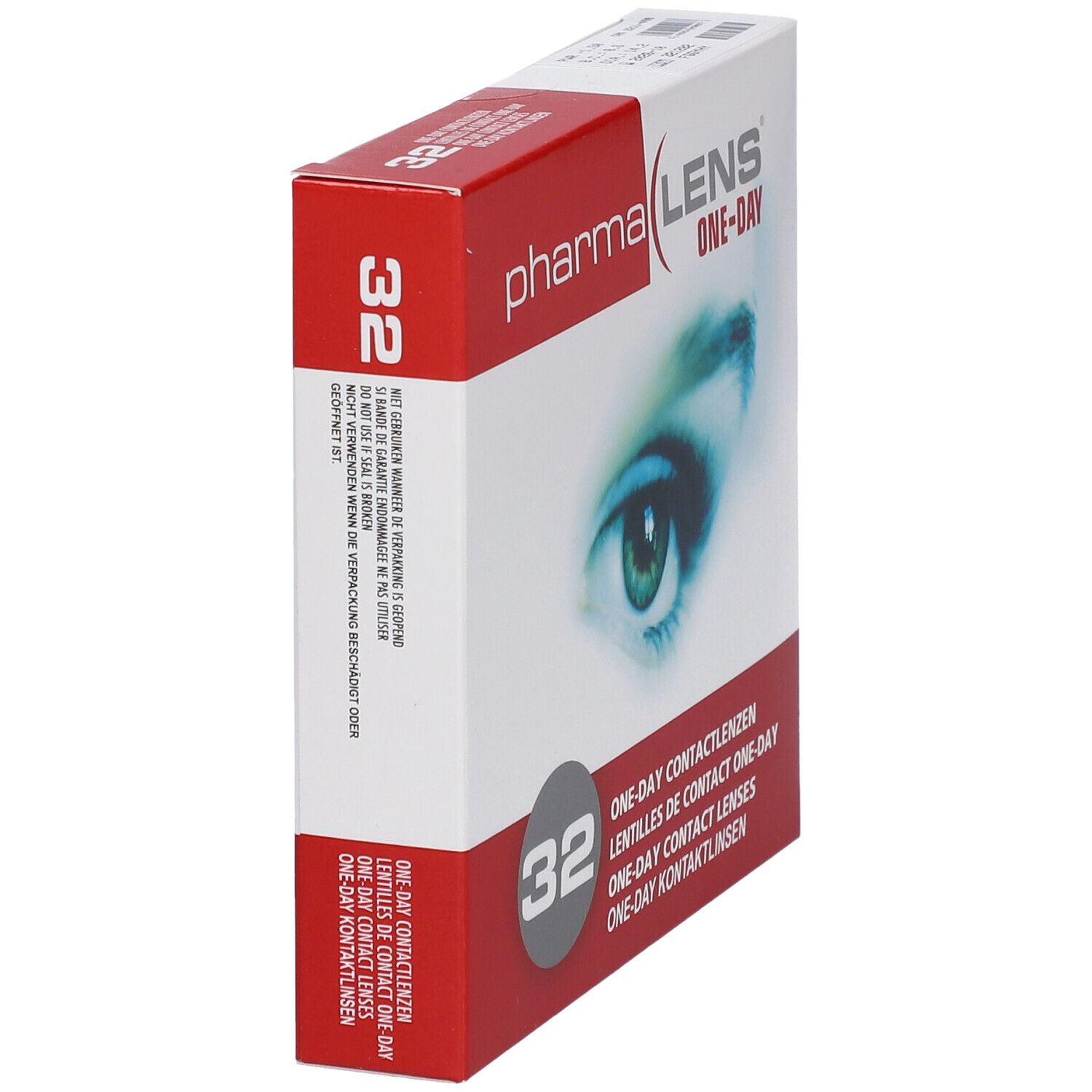 Boîte de lentilles PharmaLens One-Day. 32 lentilles. Vue latérale, boîte rouge et blanche avec image d'un œil.