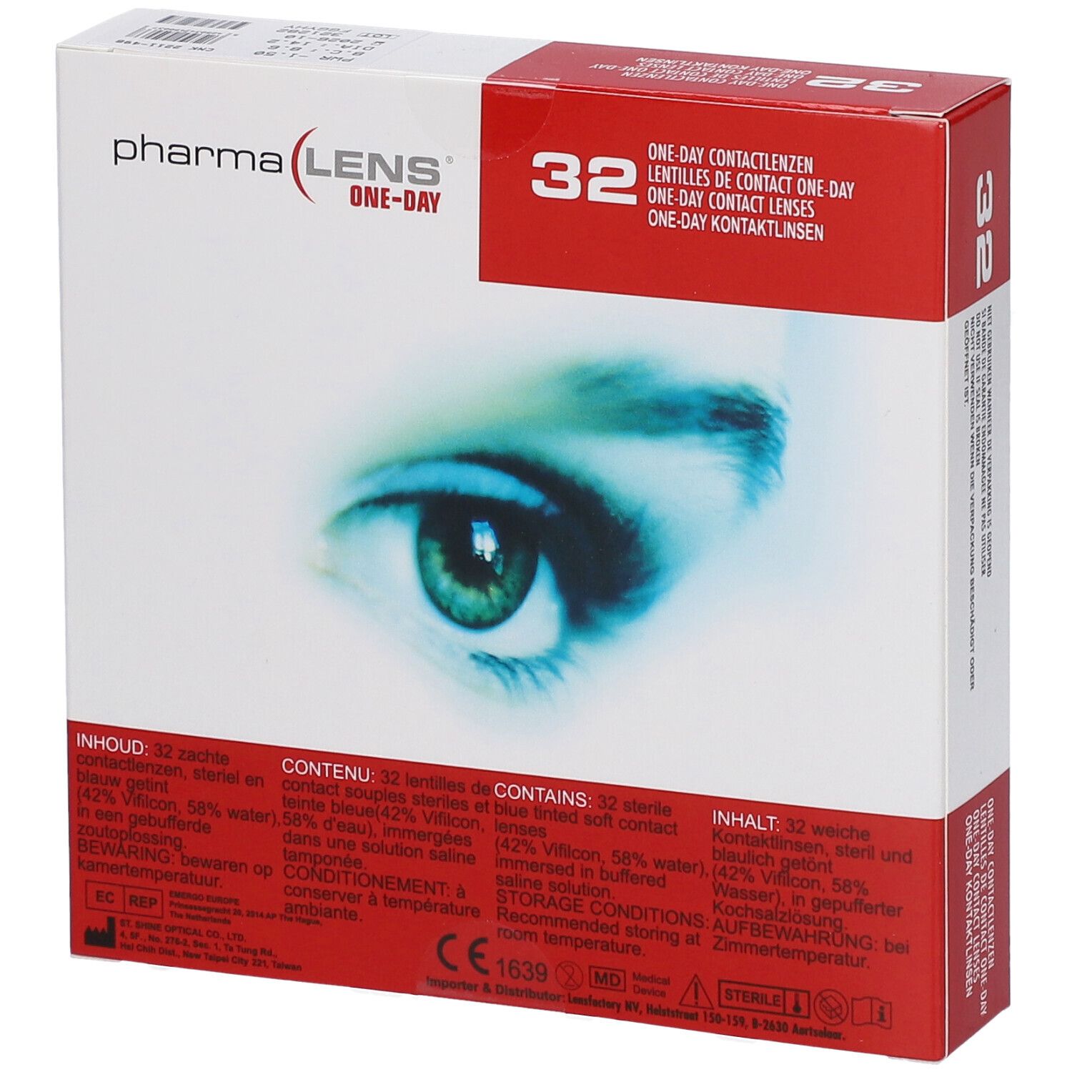 Boîte de lentilles PharmaLens One-Day. 32 lentilles. Boîte rouge et blanche avec image d'un œil et texte.