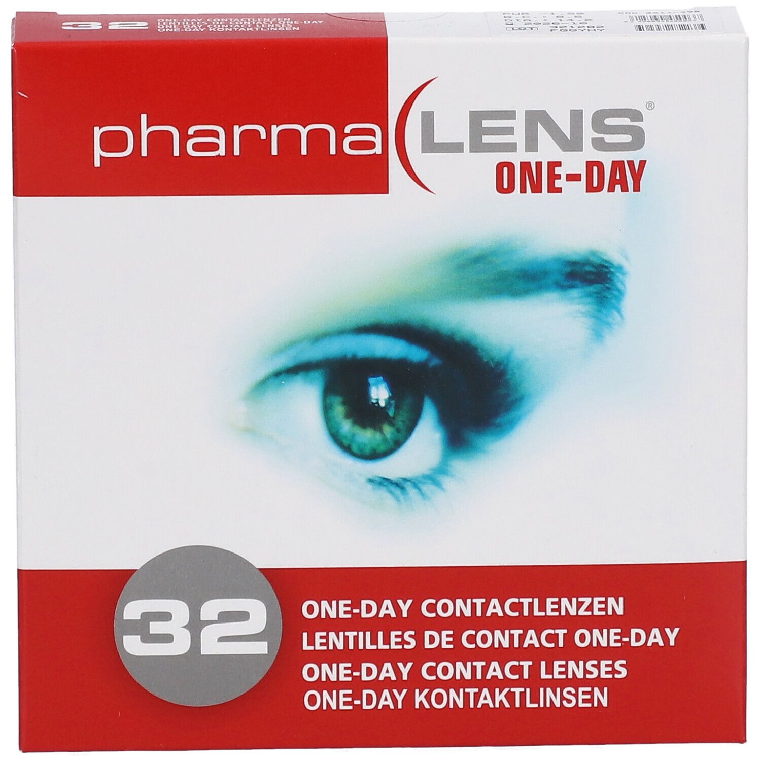 Boîte de lentilles PharmaLens One-Day. 32 lentilles. Boîte rouge et blanche avec image d'un œil et texte.