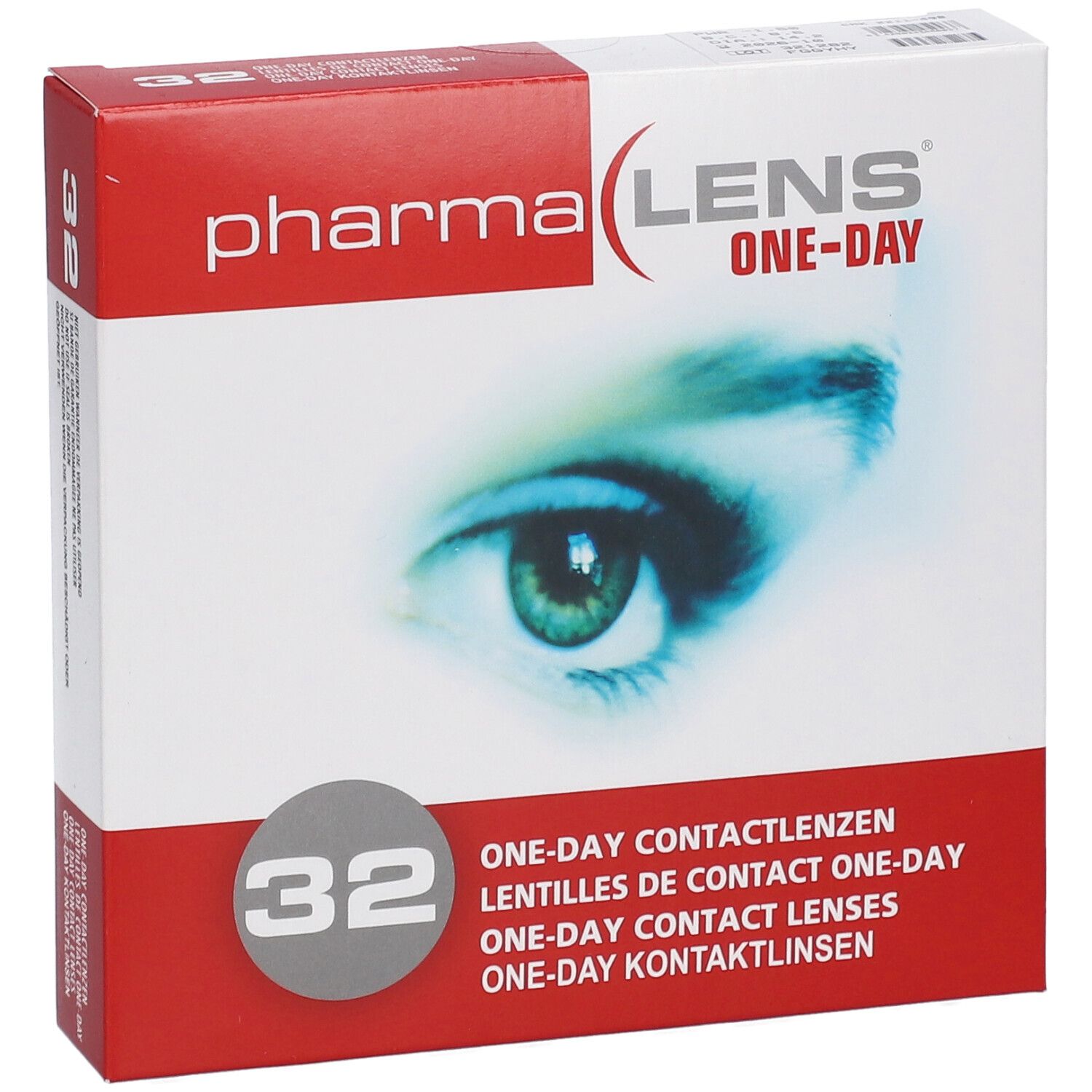 Boîte de lentilles PharmaLens One-Day. 32 lentilles. Boîte rouge et blanche avec image d'un œil et texte.