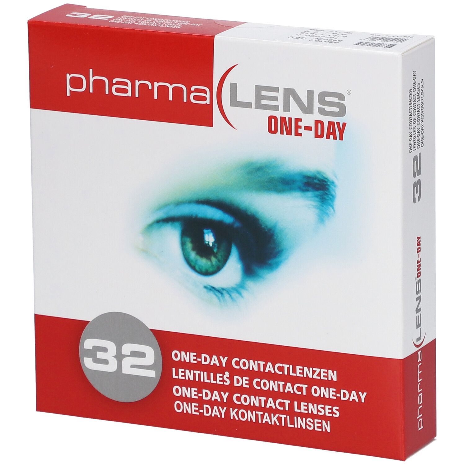 Verpackung mit Kontaktlinsen. Aufdruck: Pharma Lens One-Day, 32 Stück. Abbildung eines Auges.