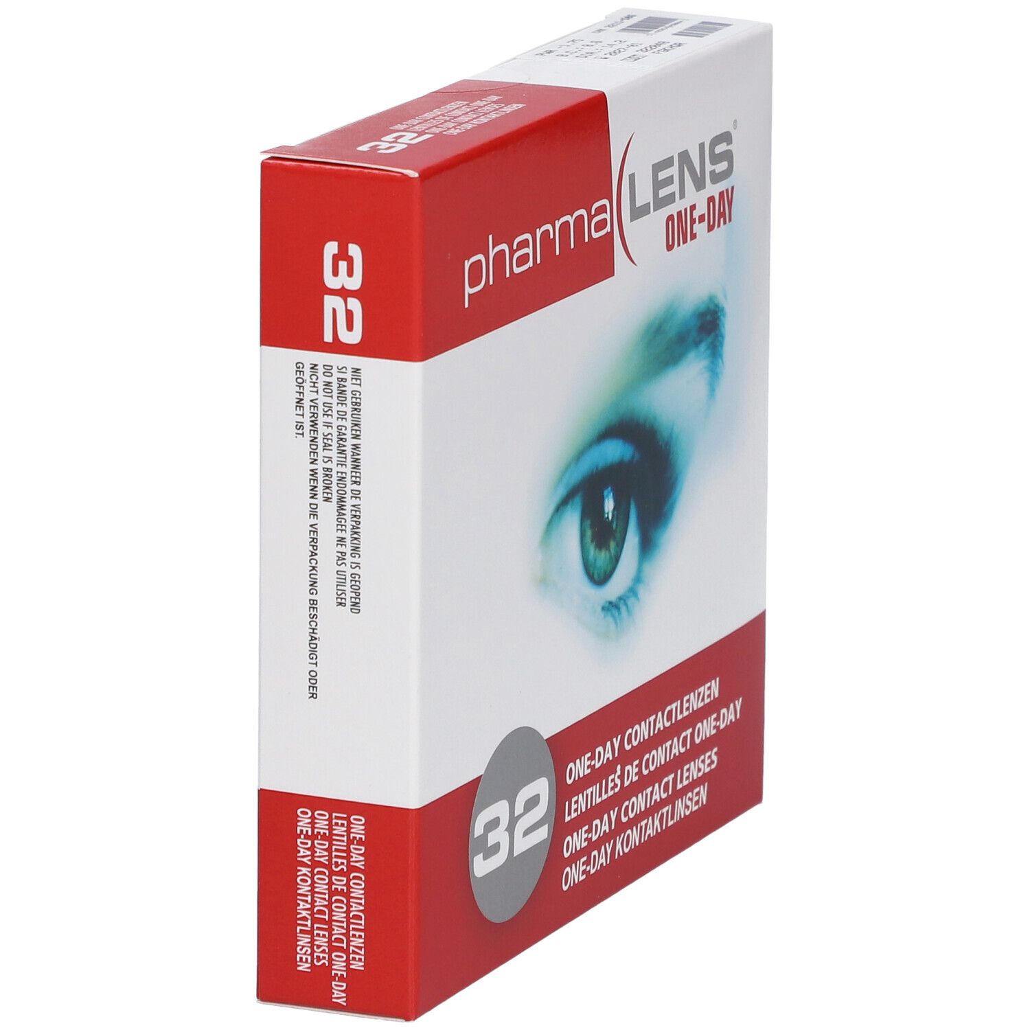 Schrägansicht der Verpackung mit Kontaktlinsen. Aufdruck: Pharma Lens One-Day, 32 Stück. Abbildung eines Auges.