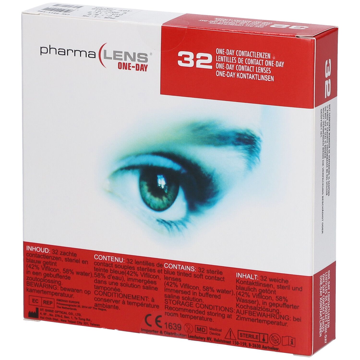 Verpackung mit Kontaktlinsen. Aufdruck: Pharma Lens One-Day, 32 Stück. Abbildung eines Auges. Text in mehreren Sprachen.