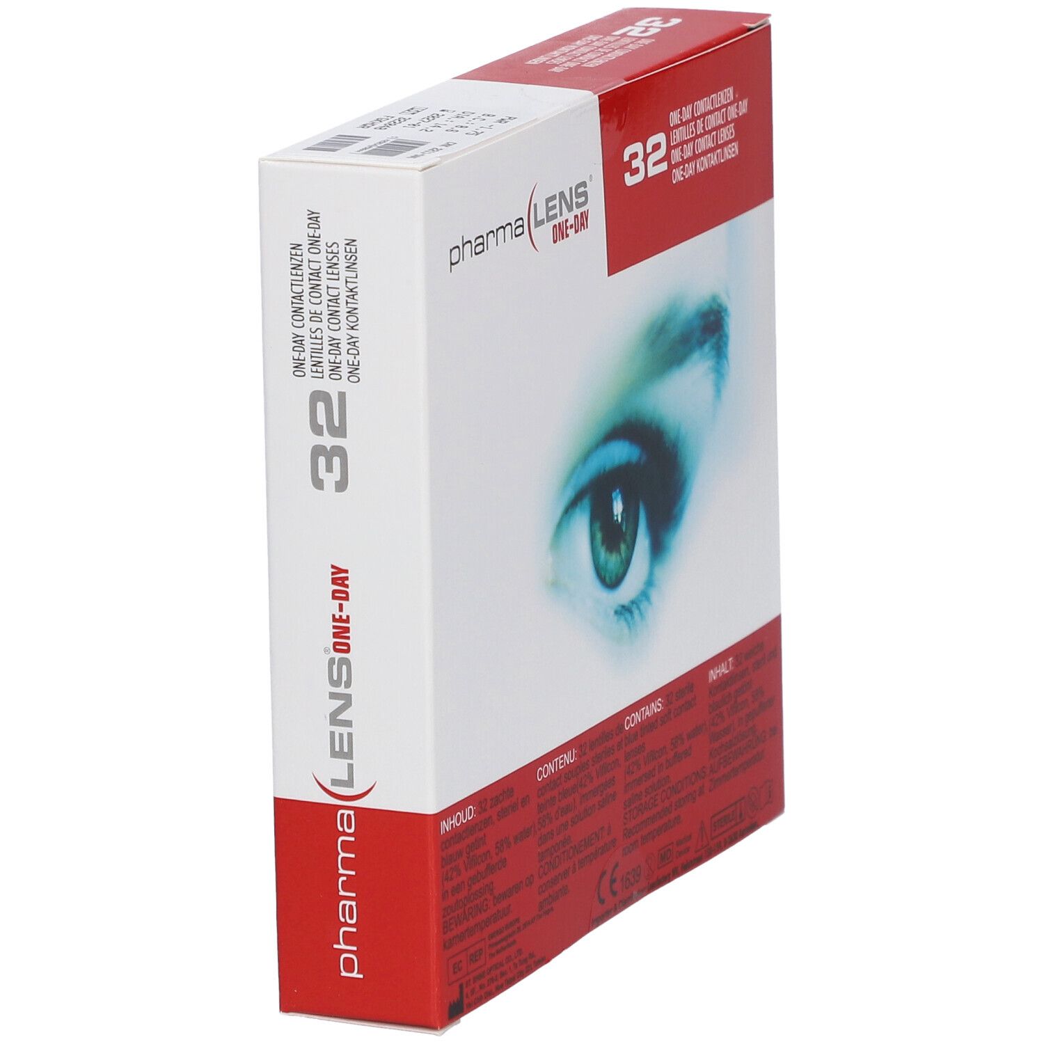 Schrägansicht der Verpackung mit Kontaktlinsen. Aufdruck: Pharma Lens One-Day, 32 Stück. Abbildung eines Auges.